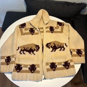 Cowichan Buffalo Pattern Knit Cardigan- zipper & collar flaws